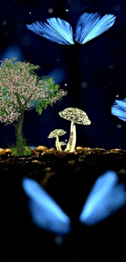 Mystical forest scene with butterflies and mushrooms.