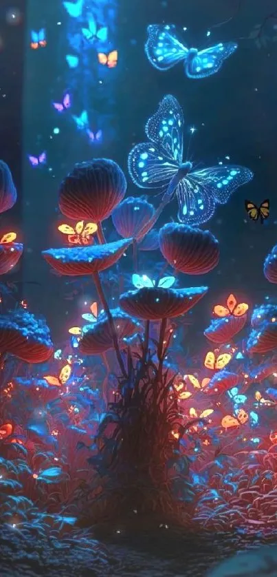 Mystical forest with glowing butterflies and vibrant flowers.