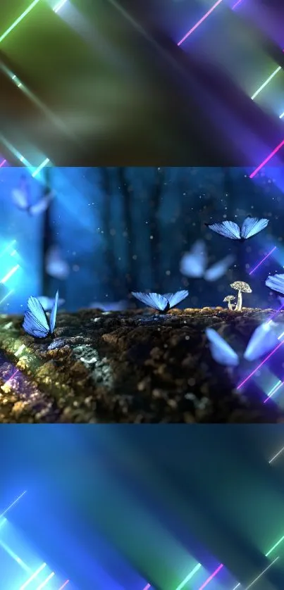 Glowing butterflies and fungi in a mystical forest with neon lights.