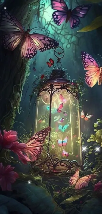 Mystical forest wallpaper with glowing butterflies around a lantern.