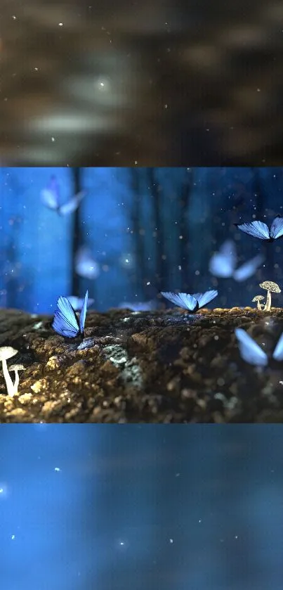 Mystical forest scene with glowing butterflies at night.