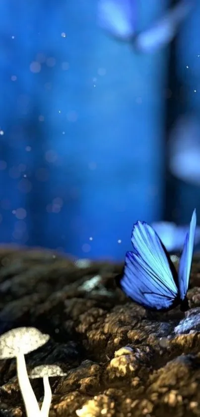 Blue butterfly on a mystical forest floor with glowing mushrooms.