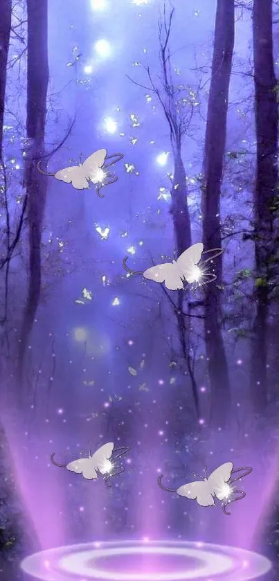 Mystical forest with glowing butterflies against a serene purple backdrop.