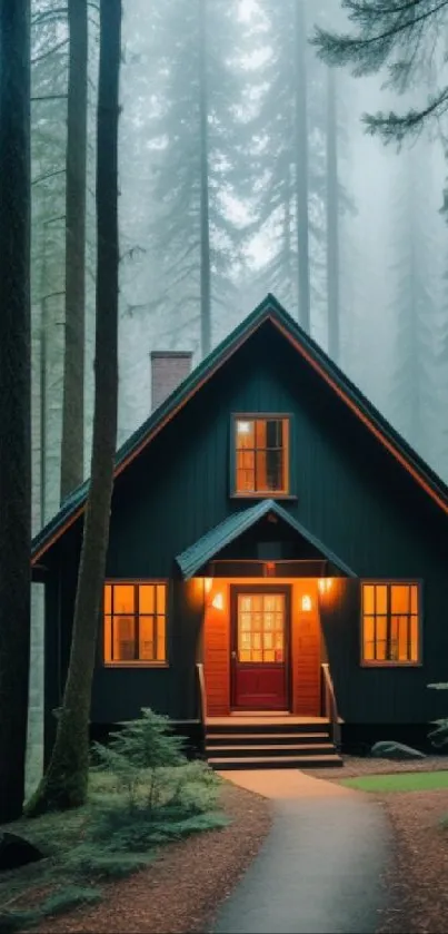 Cabin in misty forest with glowing lights and tall trees.