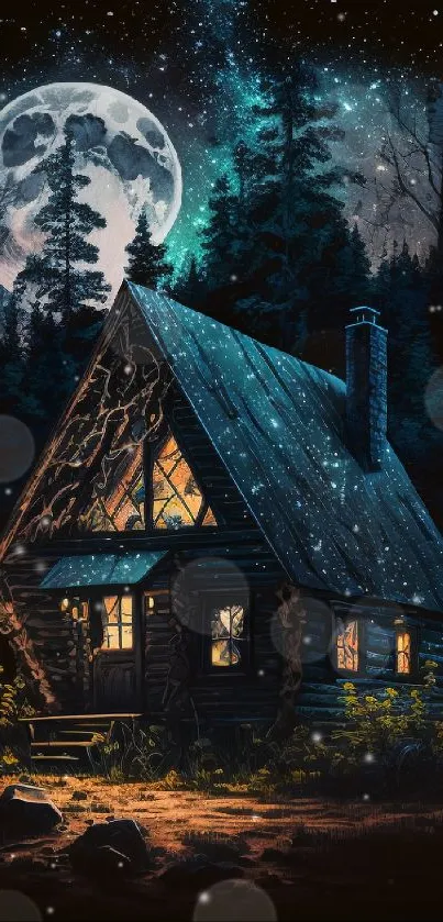 A mystical cabin under a moonlit forest sky with stars.