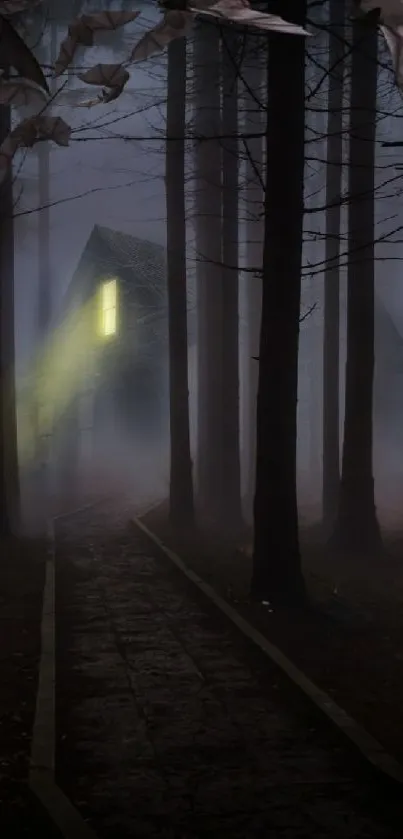 A misty forest with a glowing cabin at night.