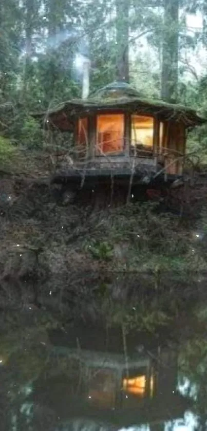 Rustic cabin illuminated in mystical forest landscape with river reflection.