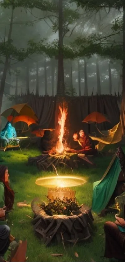 Vibrant group by campfire in a mystical forest setting.