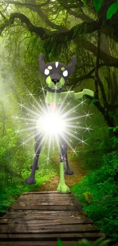 Cartoon character glowing in a mystical green forest.