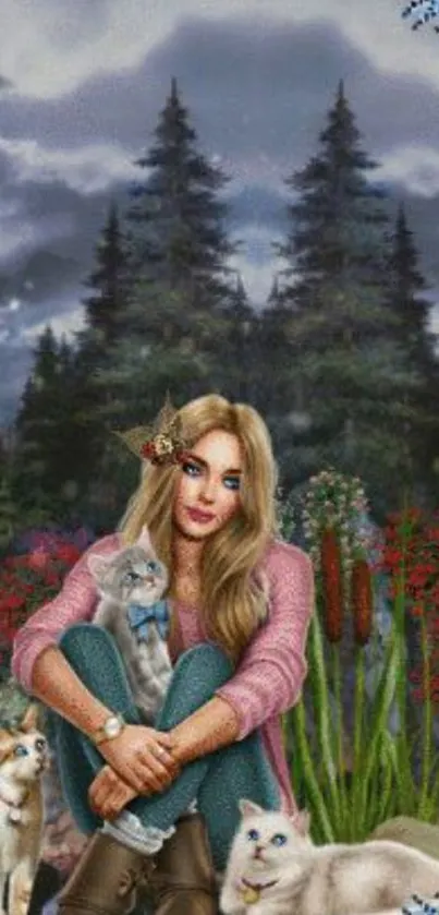 Woman with cats in mystical forest, surrounded by lush greenery.