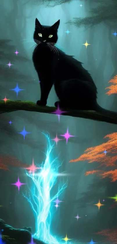 Black cat in mystical forest with glowing eyes and blue mystical light.