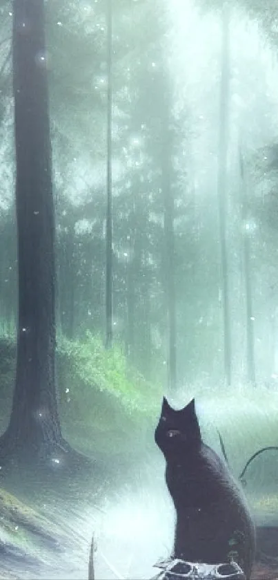 Enigmatic black cat in a lush misty forest setting, ideal for mobile wallpaper.