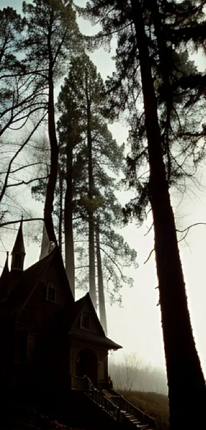 Mystical forest scene with a quaint chapel and towering trees.