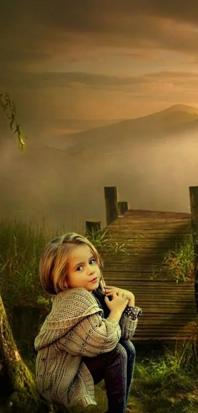 Child sitting by a wooden path in a mystical forest.