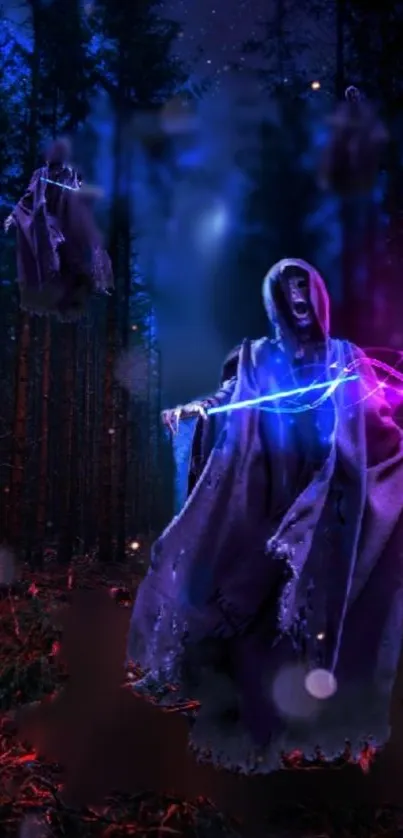 Cloaked figure in a mystical forest with glowing lights and a purple hue.