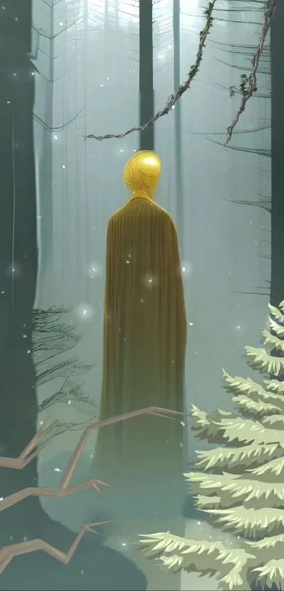 Mystical figure in forest with golden hue in serene setting.