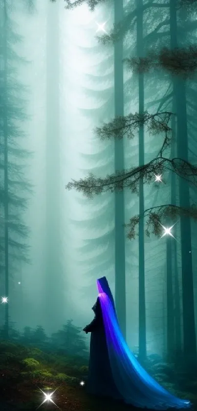 Mystical figure cloaked in blue and purple in a serene forest.