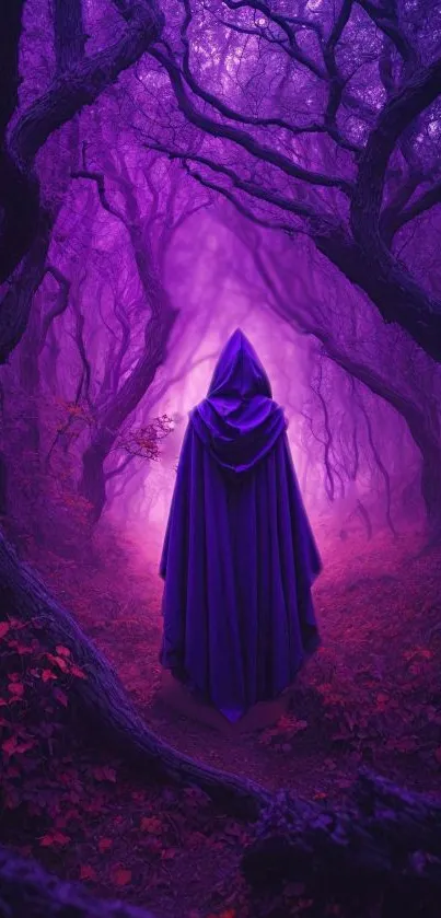 Cloaked figure in a mystical purple forest.