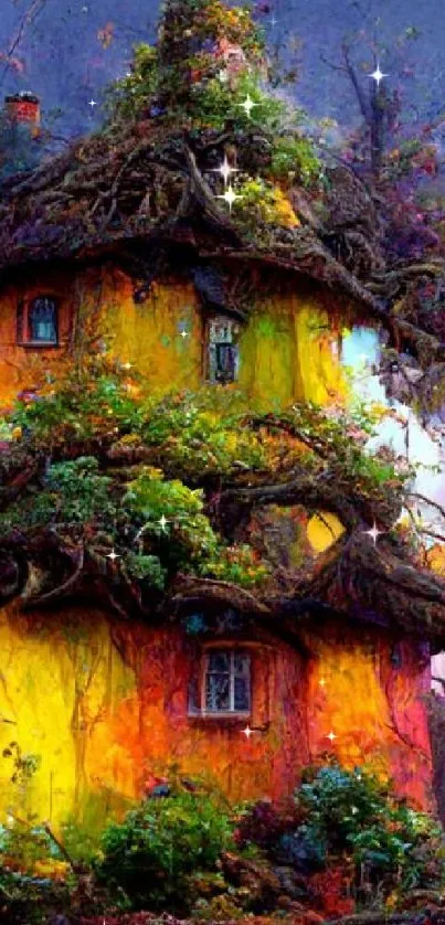 Whimsical forest cottage with yellow walls and overgrown greenery in a mystical setting.