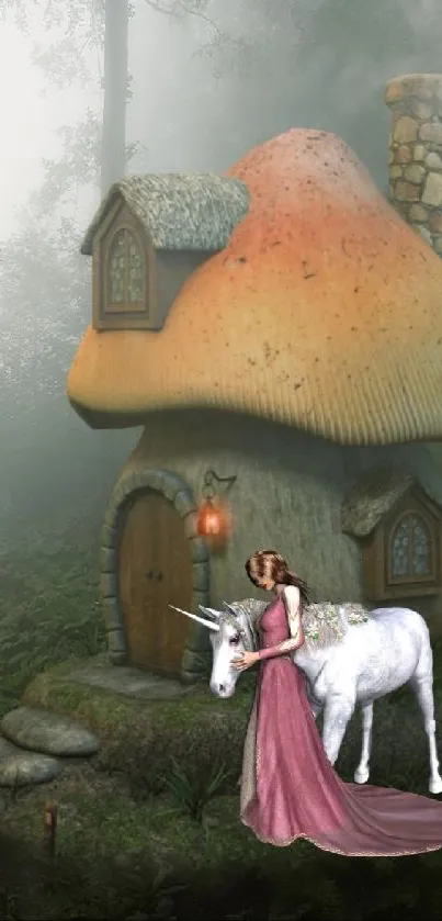 Fairy tale scene with cottage, unicorn, and maiden in misty forest.