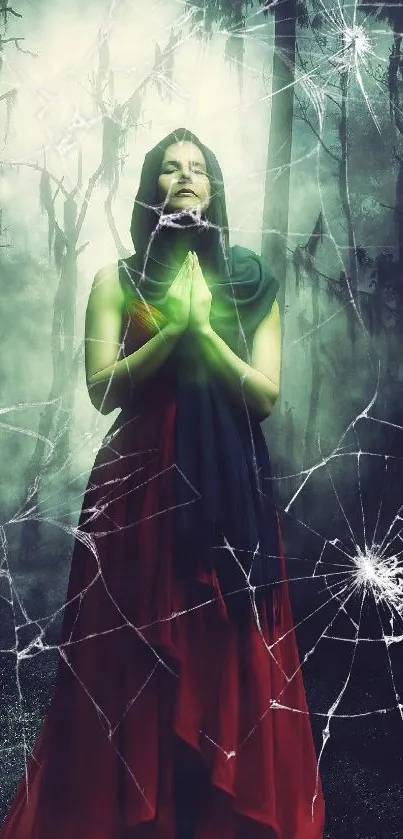 Mystical figure in forest with cracked glass effect.