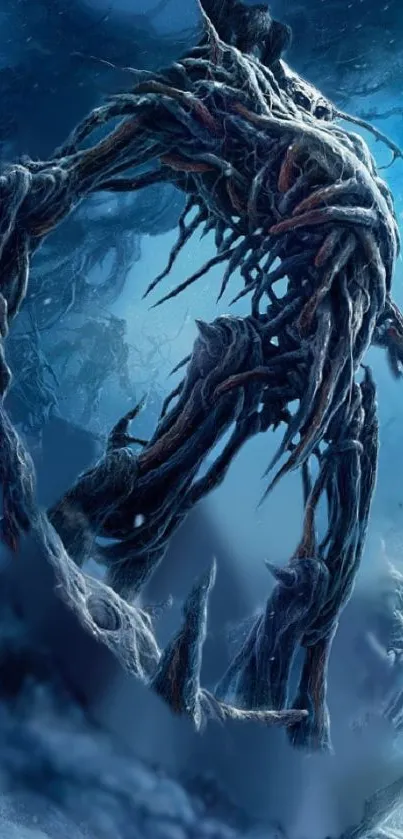 Enigmatic tree creature in a mystical, blue forest background.