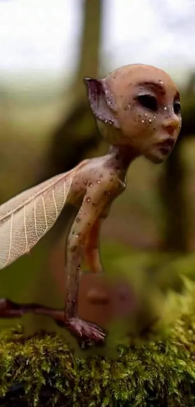 Fantasy forest creature with wings on mossy branch in the forest.