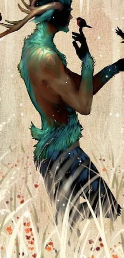 Mystical forest creature with birds art illustration.