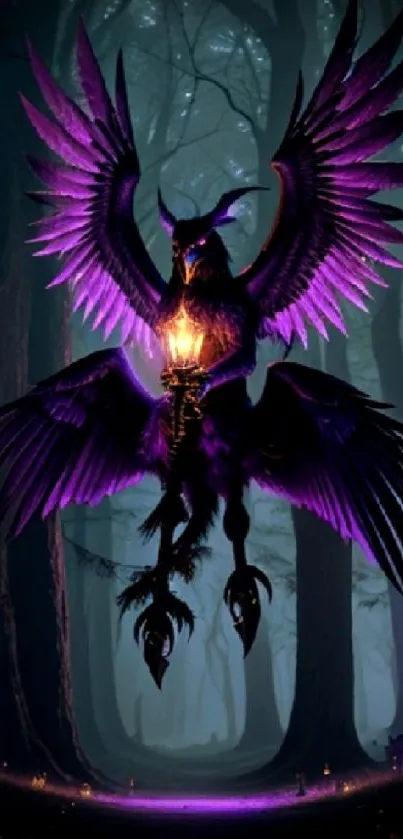 Mystical purple creature in a dark forest.