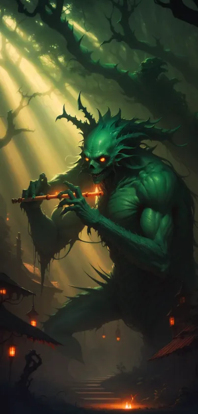 Mystical green creature playing flute in dark forest.