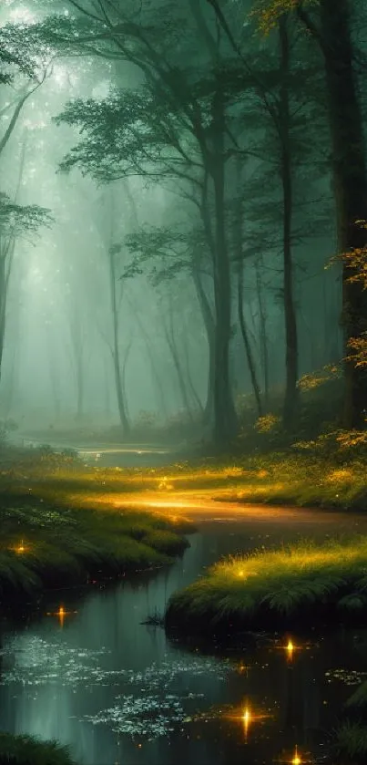 Tranquil mystical forest creek illuminated by glowing fireflies at night.