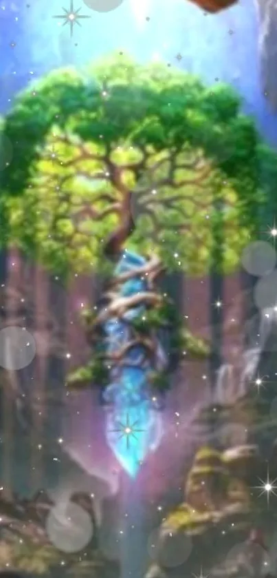 Mystical forest wallpaper with a glowing crystal tree in a serene setting.