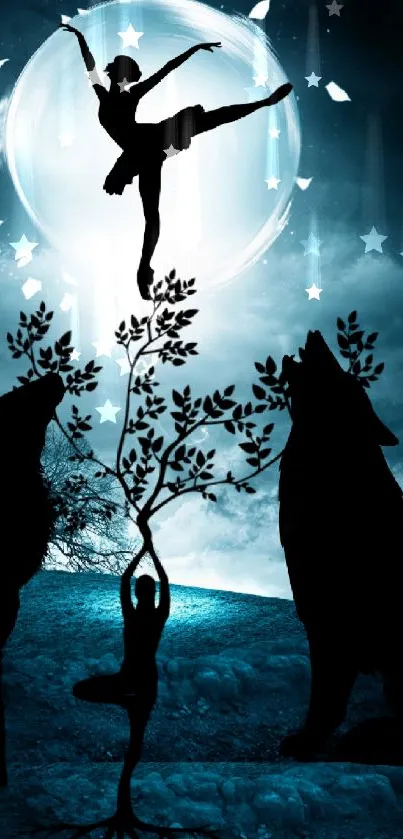 Silhouette of a dancer and animals in a moonlit mystical forest scene.