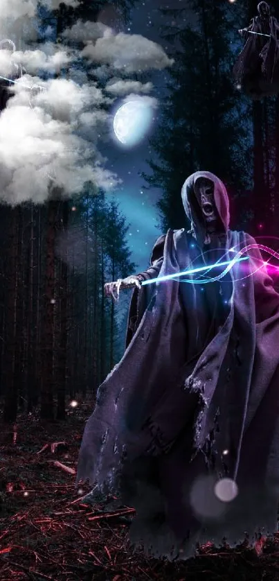 Hooded figure in mystical dark forest with magical energy.