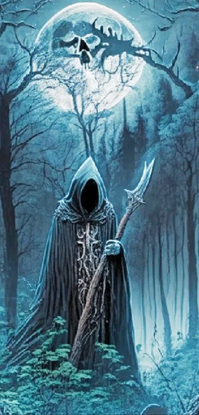 Mystical hooded figure in dark forest with glowing moon.