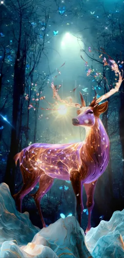 Enchanted forest wallpaper with a glowing mystical deer and butterflies.