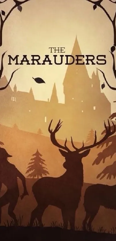 Mystical forest wallpaper with deer silhouettes and a castle backdrop.
