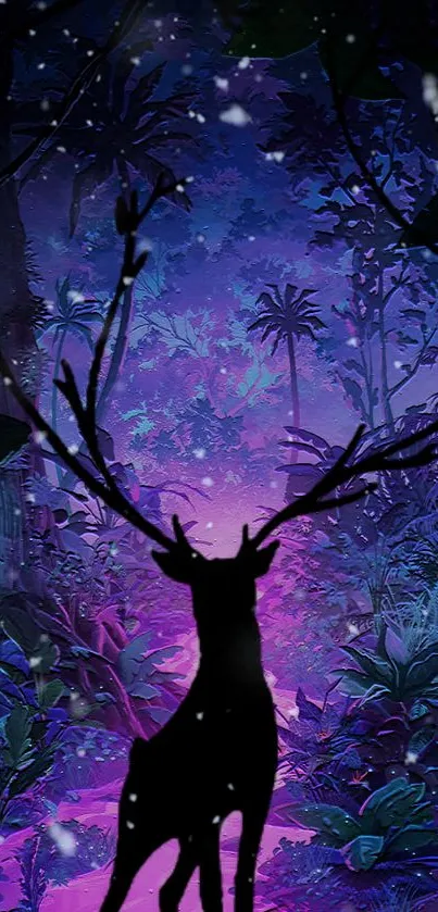 Silhouetted deer in a mystical purple forest.