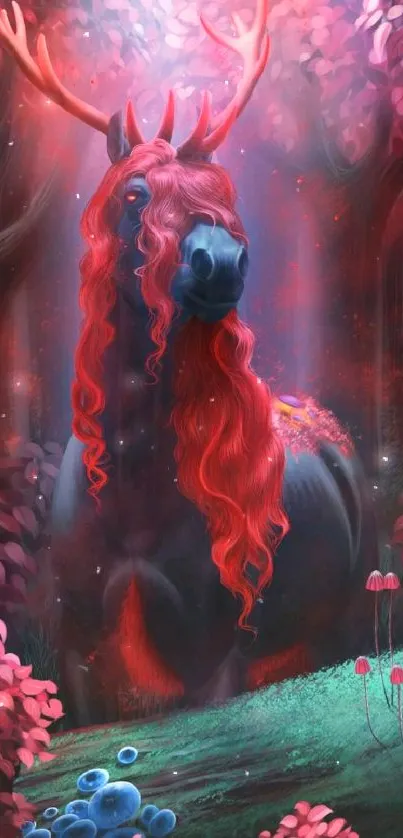 Mystical deer with red mane in an enchanting forest scene.