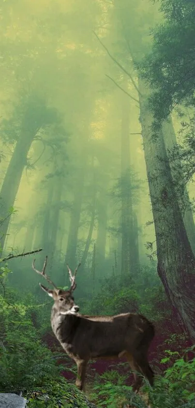 Deer standing in a mystical forest, surrounded by towering green trees.