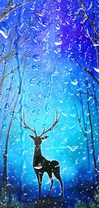 Silhouette of deer in mystical blue forest with stars.