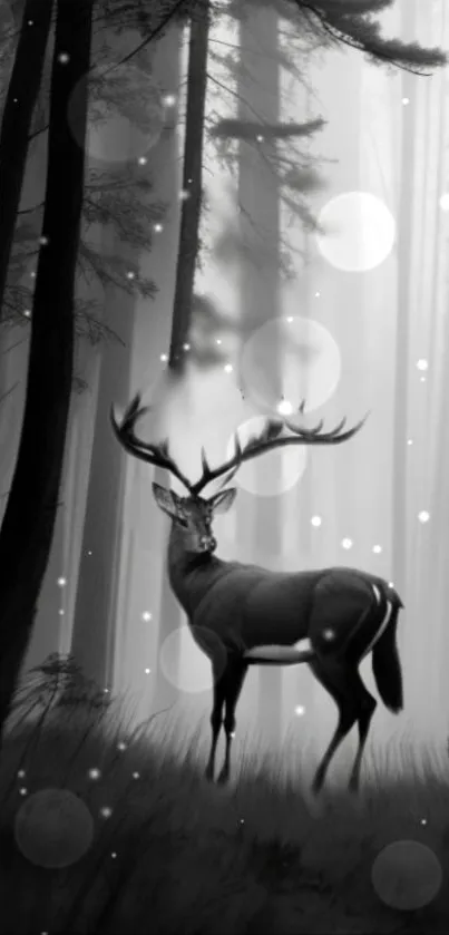 Majestic deer in a mystical gray forest scene with artistic light effects.