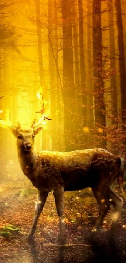 Glowing deer in a mystical forest with a dark orange background.