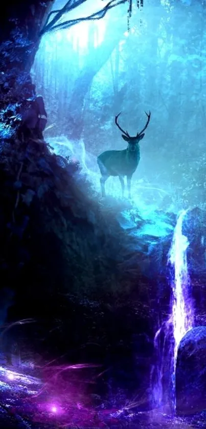 Mystical blue forest wallpaper with deer silhouette and waterfall.