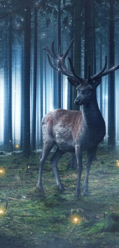 Majestic deer stands in mystical forest with glowing fireflies.