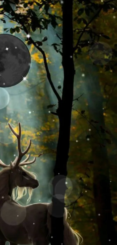 Mystical deer in a moonlit forest wallpaper.