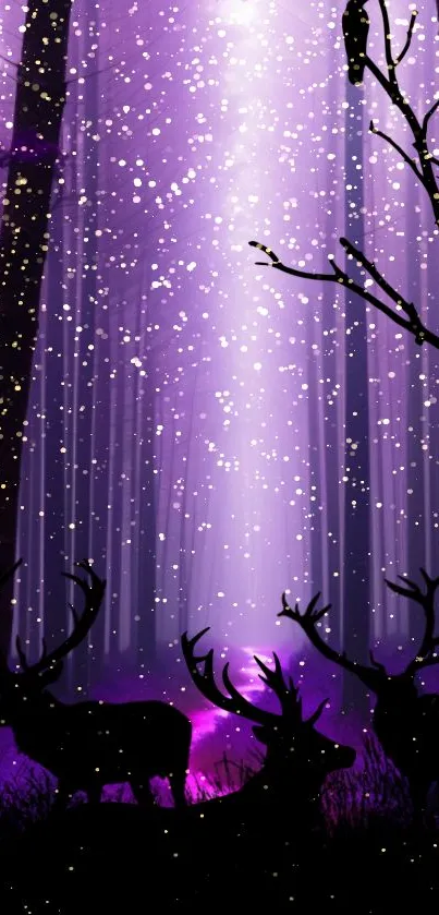 Mystical forest with deer under purple snow-lit sky wallpaper.