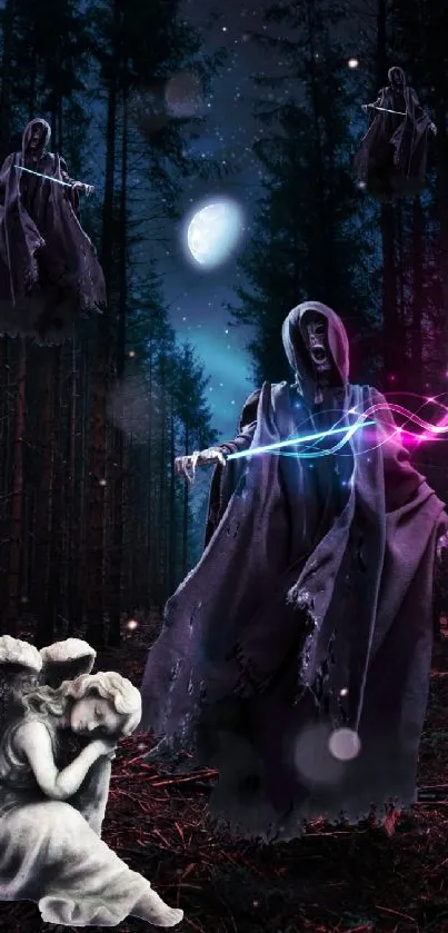 Hooded figures in a mystical forest with glowing lights.