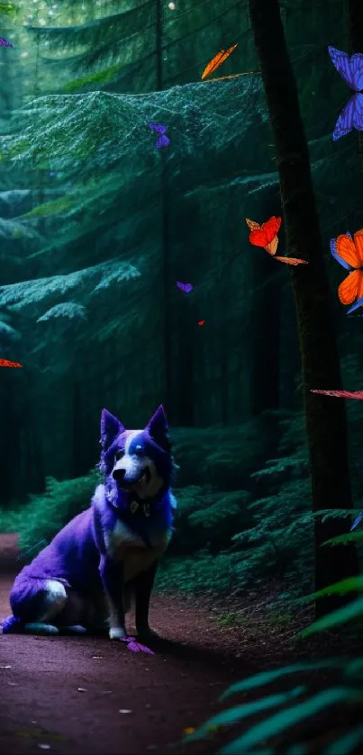 Mysterious purple dog sits in lush green forest path.