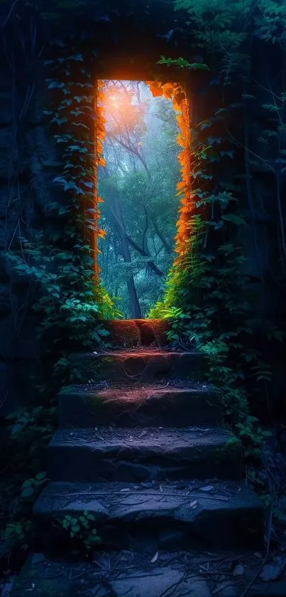 Mystical doorway in a lush forest with vibrant colors.